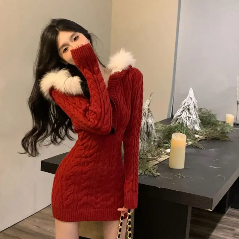 

2023 Winter Knitted Sweater Dress Hooded Women Slim Bodycon Y2k Mini Dress Faux Fur Female One Piece Dress Korean Elegant