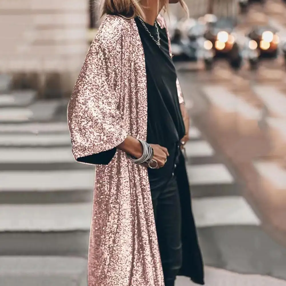 New Gold Sequins Sexy Long Cardigan Elegant Casual Women Full Sleeve Mesh See Through Coat Open Stitch Feminino Ouro Lantejoula