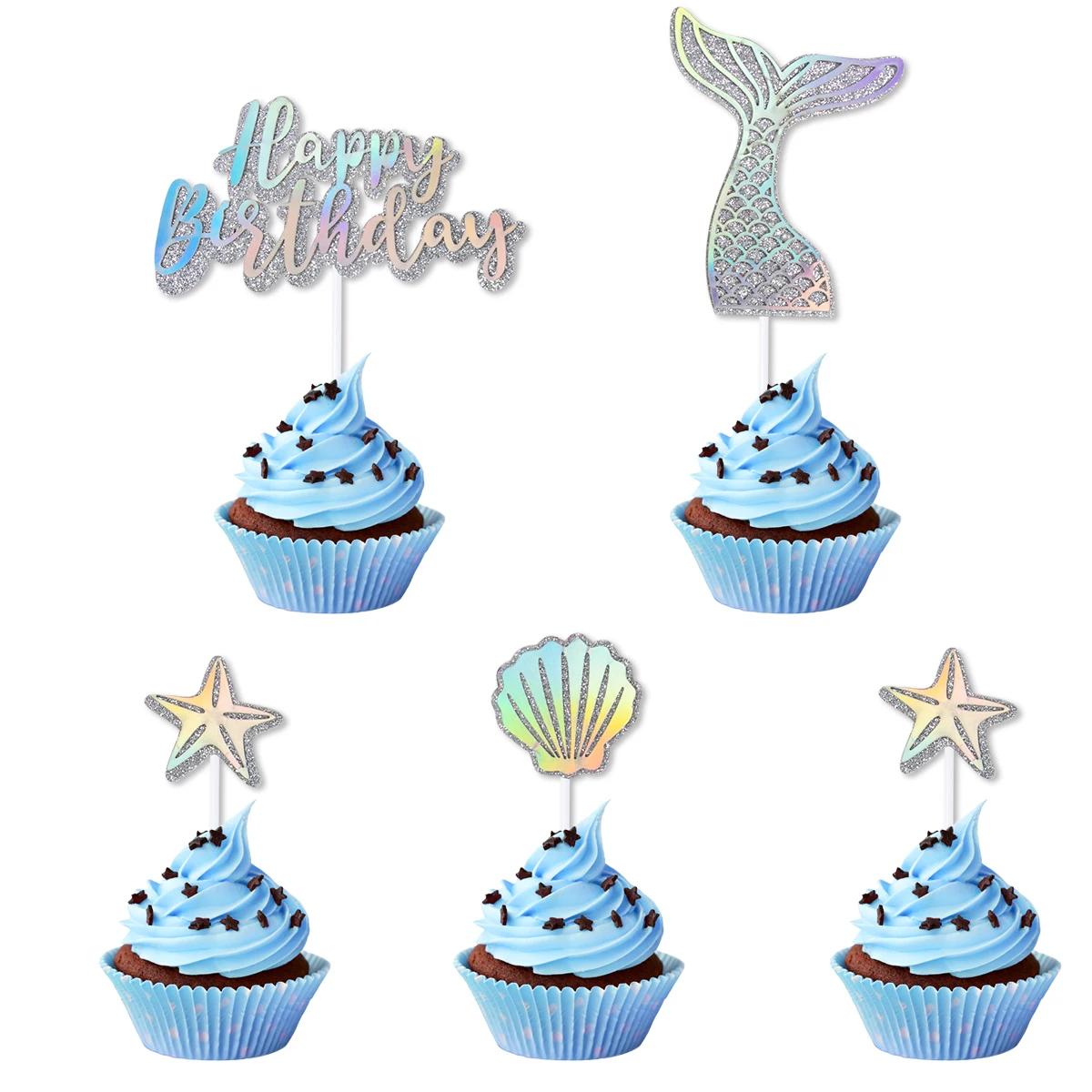 Glitzer unter dem Meer Meerjungfrau Party Kuchen Topper Schwanz Shell alles Gute zum Geburtstag Cupcake Topper für Geburtstag Dessert Kuchen Dekoration – Detail 1
