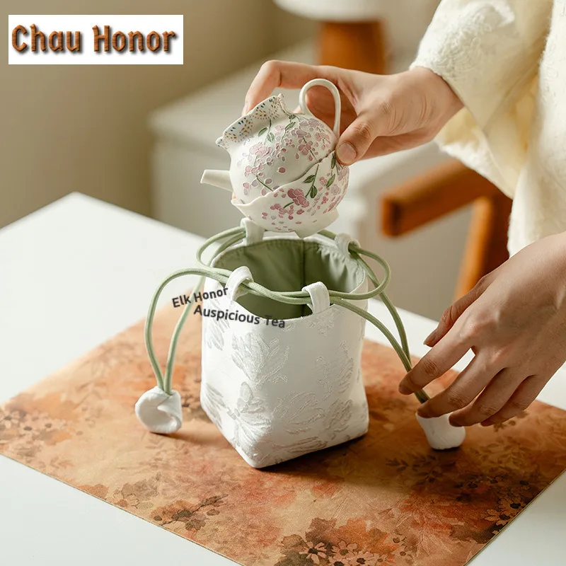 Hand-painted Wisteria Flowers Travel Tea Set Kit Luxury 1 Pot 1 Cups Tea Maker Organizer Portable Outdoor Handbag Craft Gift