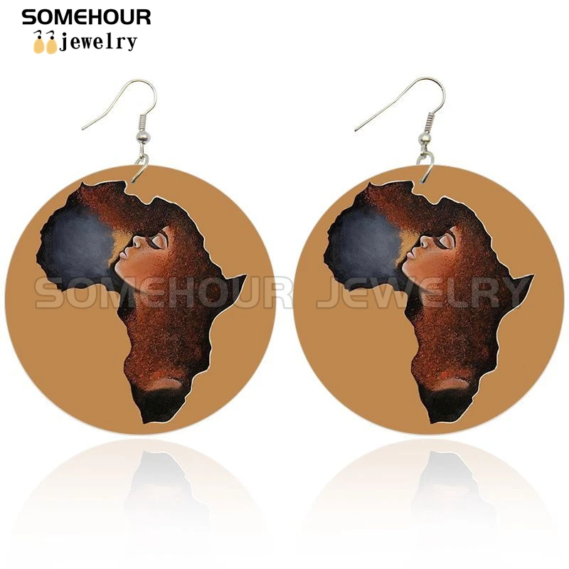 Somehour African Motherland Design Round Wooden Drop Earrings Black Girl Angel Afro Tribal Ethinc Dangle Pendant For Women Gifts