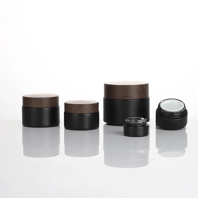 5/10X 5/10/15/20/30/50/60/100g Frosted Black Glass Jars Bamboo Lid Refillable Glass Jar Pot Makeup Sample Bottle Jar Cosmetics 6