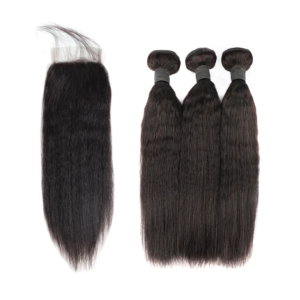 Brazilian Remy Yaki Straight Bundles 4x4 Lace Closure Kinky Straight Hair 3 Bundles with Closure Human Hair Weave Extensions