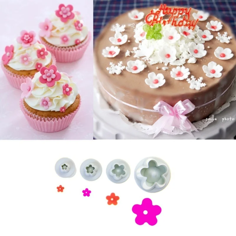 Hot Sale 4Pcs/Set Plum Flower Plunger Fondant Mold Cutter Cake Tools Decorating Christmas Cake Decor Home Kitchen Baking Tool