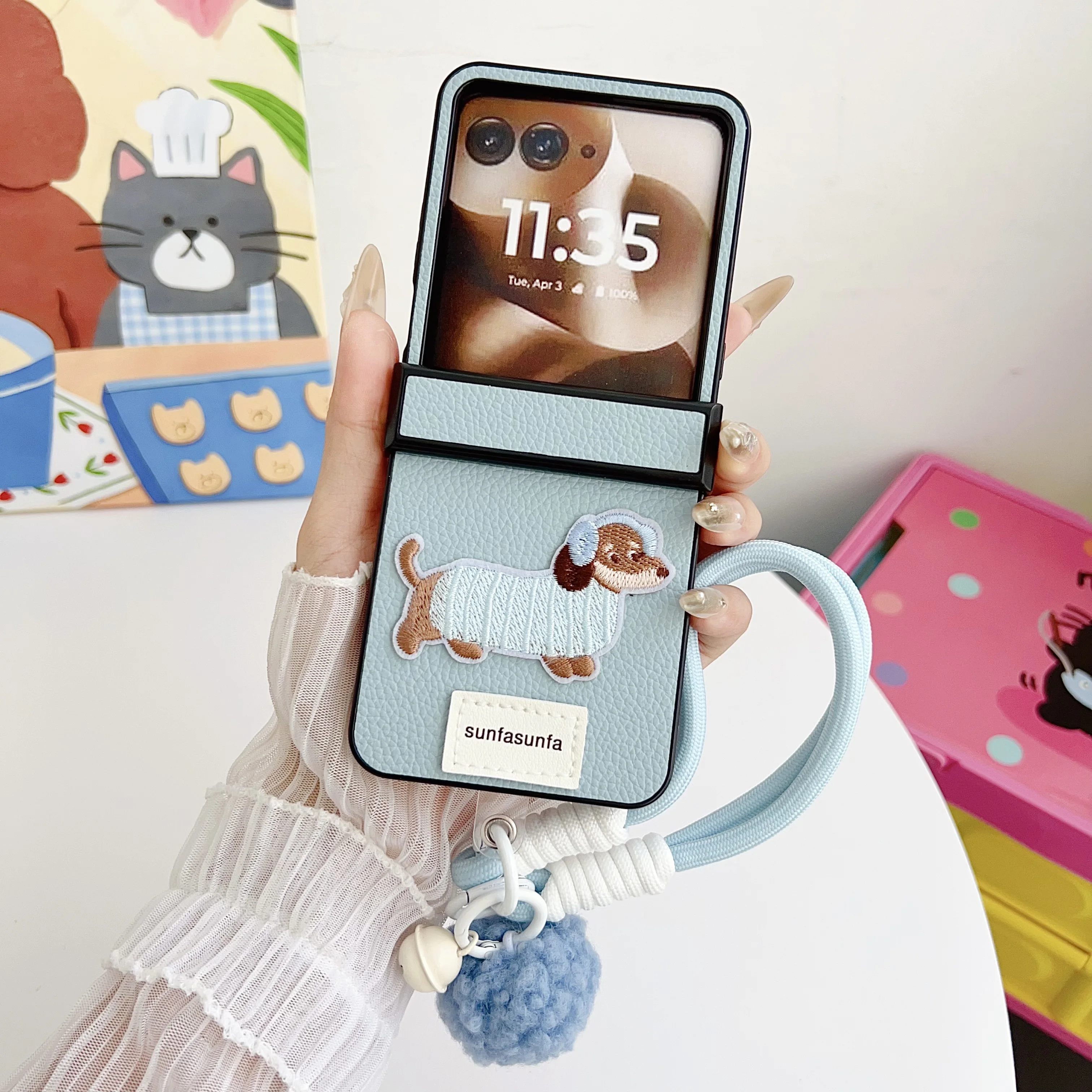 Cartoon Sausage Dog PU Leather Phone Case with Wrist Strap and Hinge Protection