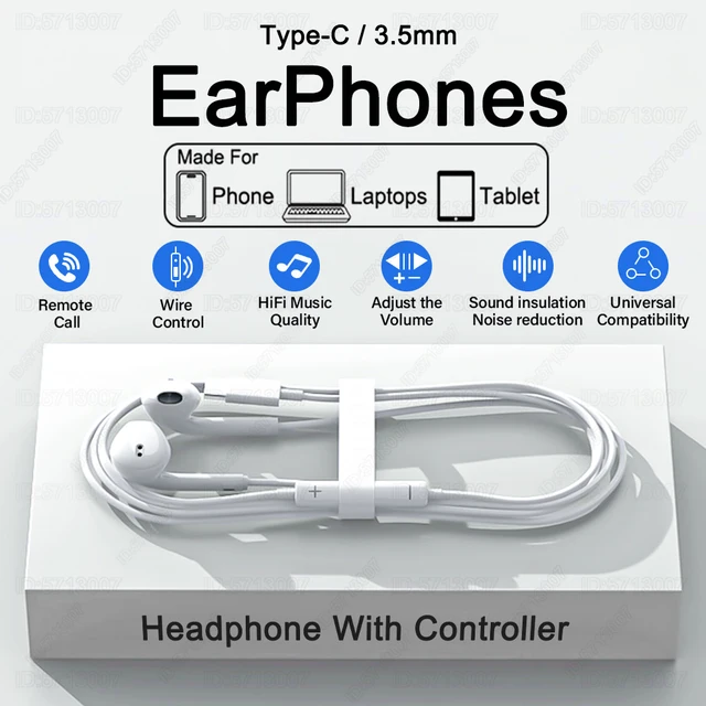 Type C Headphones Wired Earbuds For Xiaomi Redmi Poco Oneplus Google OPPO Huawei Honor Samsung Earphones Laptops Tablet Headset