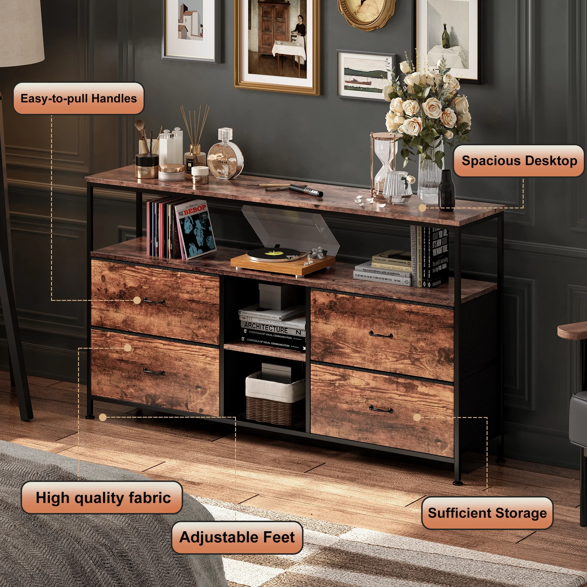 Superaly TV-Schrank mit Stauraum, Lowboard für Fernseher mit 4 Stoffschubladen, TV-Tisch, vielseitiger TV-Schrank, 108 cm – Detail 4
