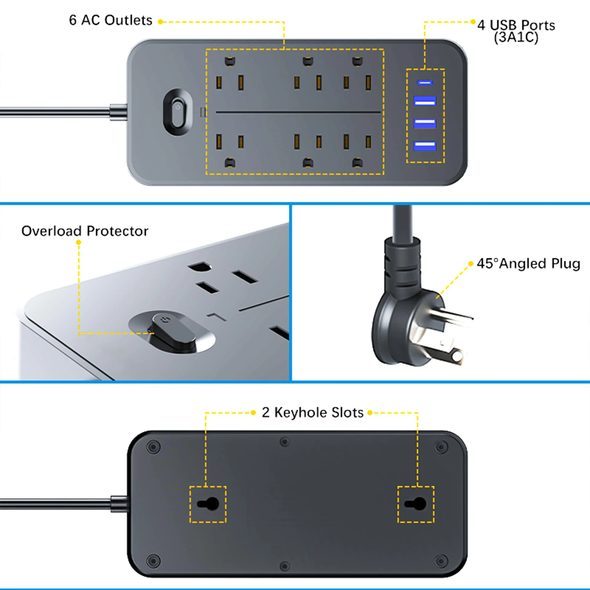 Power Strip US Plug AC Outlets Multitap Electrical Socket Extension Cord With USB C Ports Fast Charging Network Filter Adapter