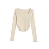Retro Asymmetrical Design Thin Long Sve U-Ne Slim Fit Women's T-irt Autumn New Sle Faionable Inner Wear Top