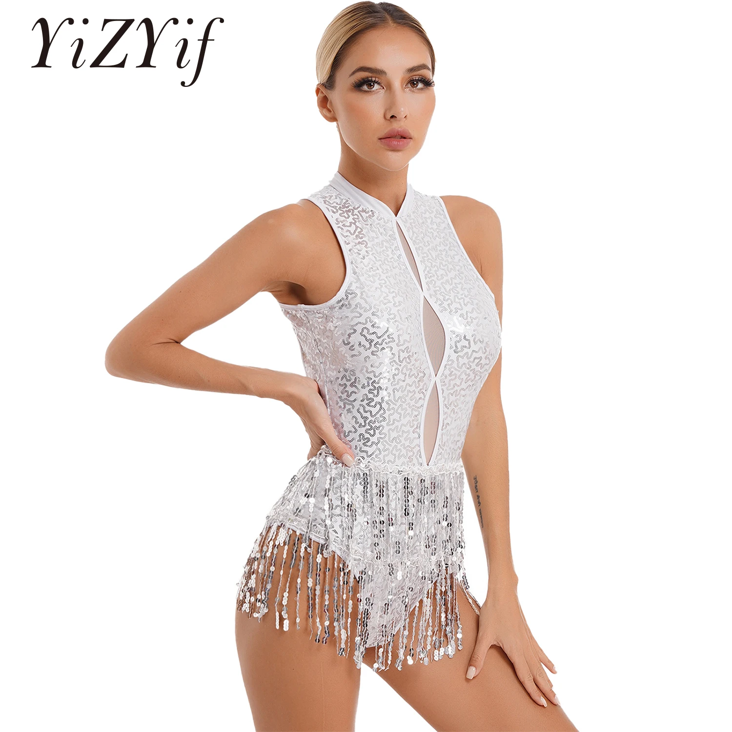 

Womens Mesh Sequin Tassel Leotard Ballroom Latin Dance Dresses One Piece Bodysuit Lyrical Modern Jazz Stage Performance Costume
