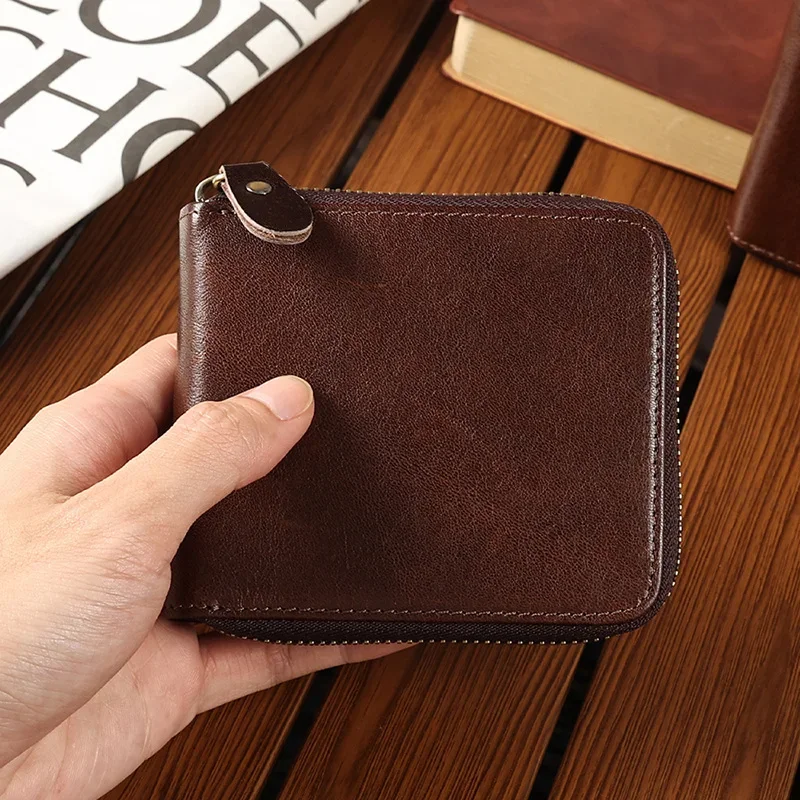 New Men's RFID Blocking Leather Wallet Short Zipper Purse Retro Style Coin Pouch