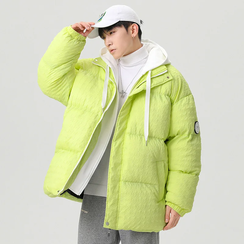 Mens Fashion Fake Two-piece Hooded Jacket Windproof High Collar Color Matching Coat Houndstooth Padded Jacket Parka Hombre