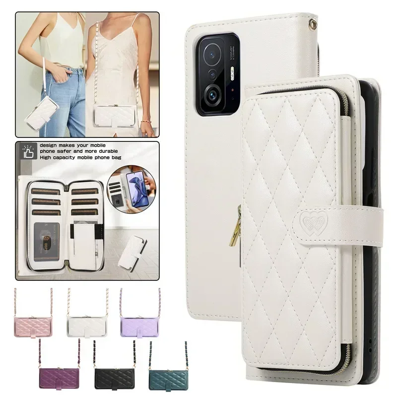 

Long Lanyard Zipper Leather Wallet Card Phone Case for XiaoMi 12T 11T POCO X5 X3 RedMi Note 10S 11 12 Pro Wrist Rope Flip Cover