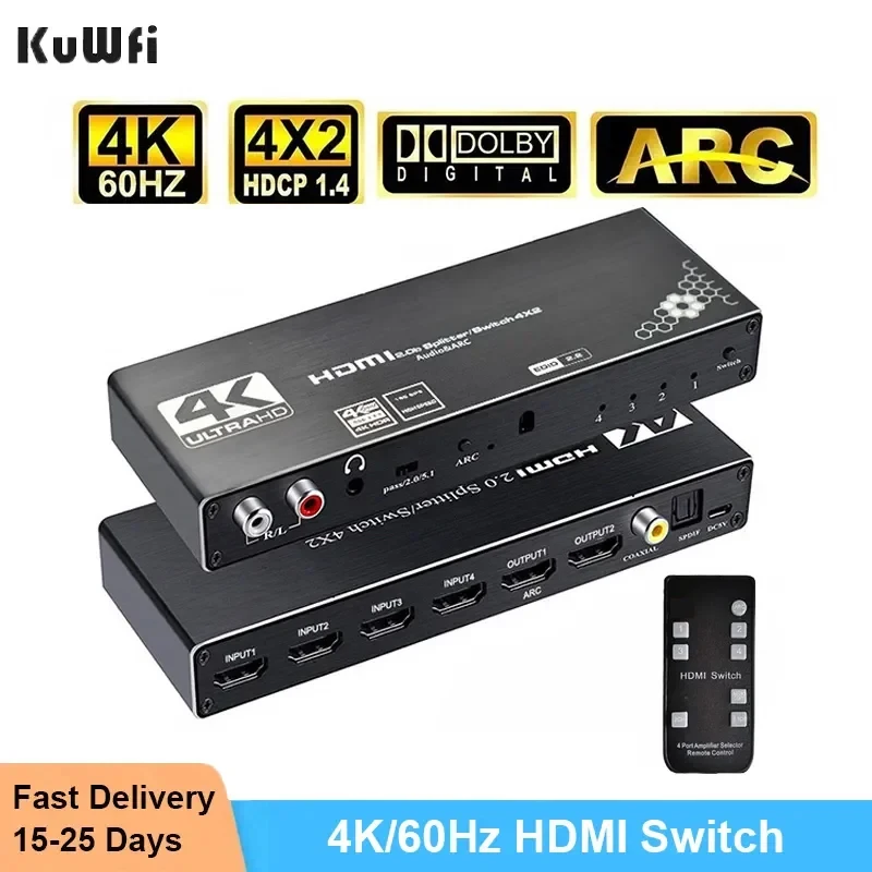 KuWFi 4K/60Hz HDMI Switch Remote 4x2 HDR HDMI Switcher Audio Extractor With ARC & IR Switch HD-MI 2.0 For PS4 TV HDTV