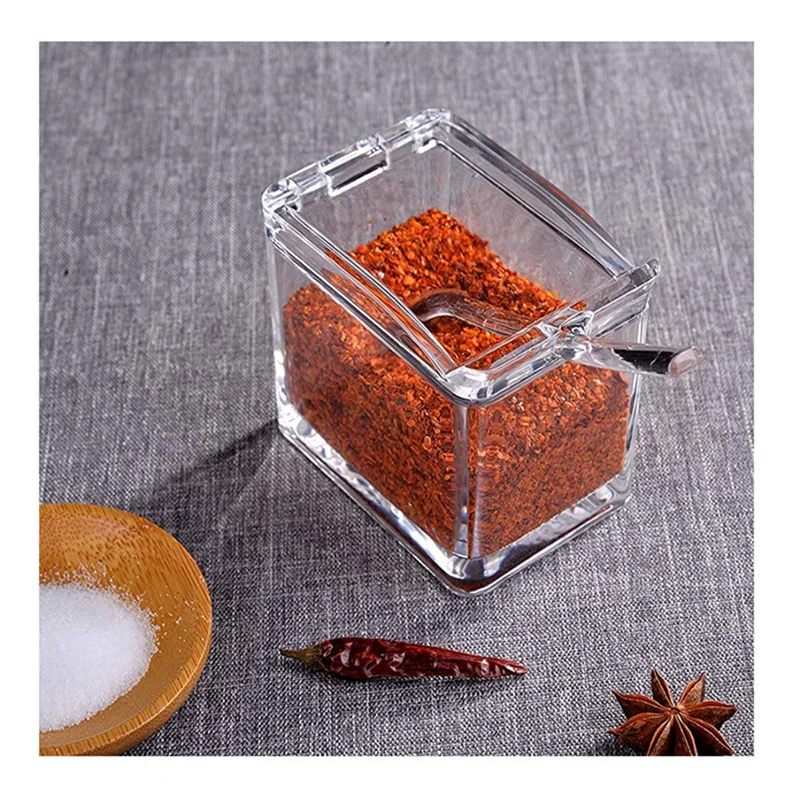 Four Clear Compartment Seasoning Box,Crystal Storage Container With Spoon,Lid,And Storage Base, Used For Salt, Sugar, And Pepper