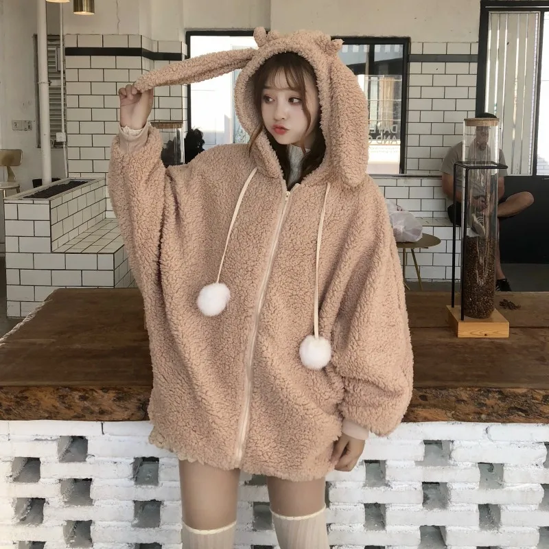 Women Pocket Cute Rabbit Ears Plush Hoodies Sweatshirt Elegant Faux Fur Hooded Jacket Autumn Winter Warm Soft Zipper Coat Korean