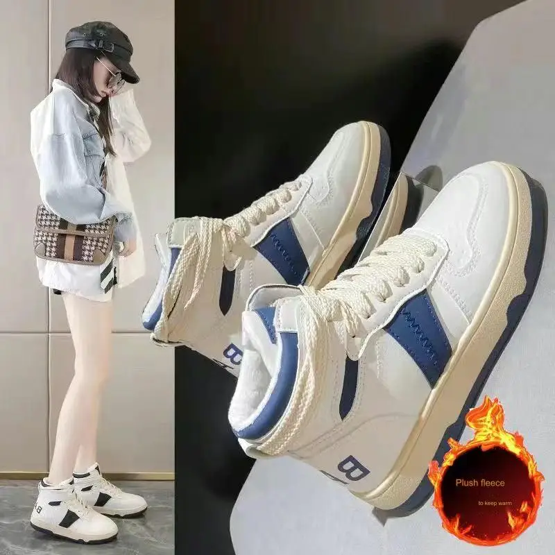 

Новинка, спортивные туфли с высоким верхом, женская зимняя теплая флисовая бархатная Студенческая обувь на толстой подошве для девочек, модная Уличная обувь для прогулок