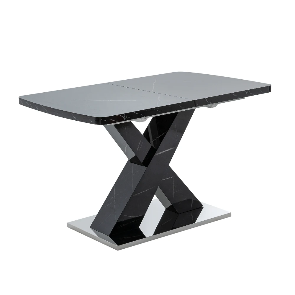 120–160 cm moderner rechteckiger Esstisch, dehnbar, bedruckte schwarze Marmor-Tischplatte + MDF-Tischbein in X-Form mit Metallsockel – Detail 14