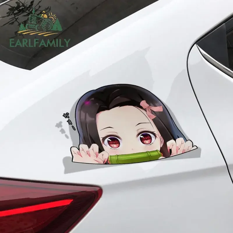 EARLFAMILY Cartoon Car Sticker for Nezuko Kamado Peeker Big Head Anime Vinyl JDM Rear Windshield Trunk Stickers