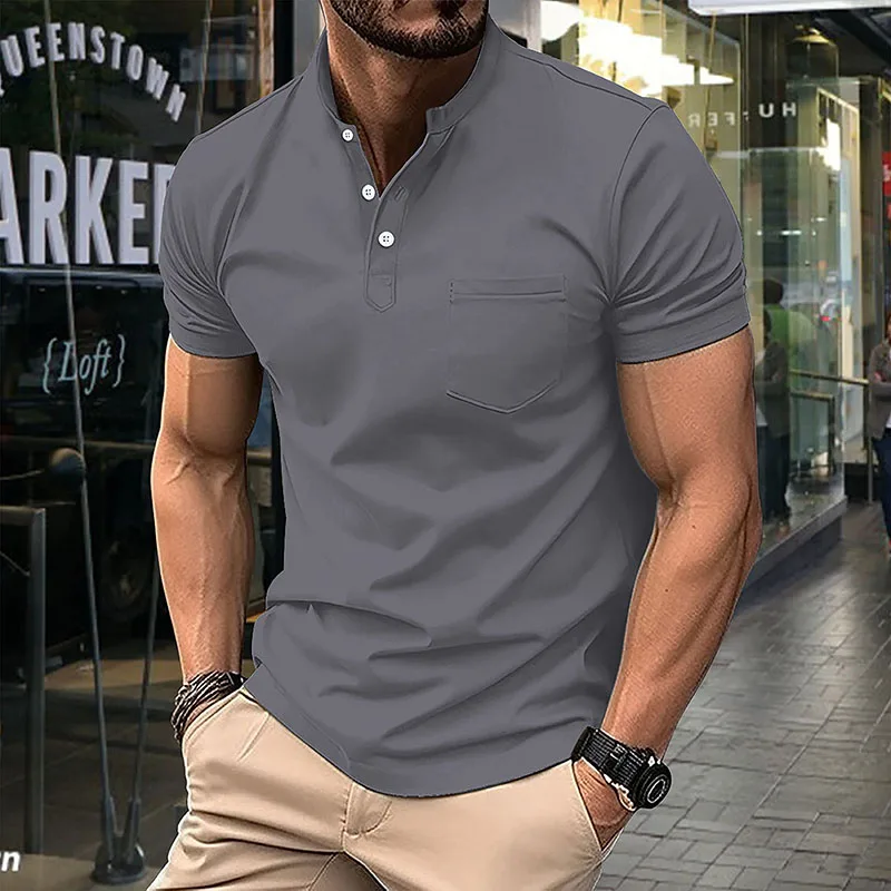 Herren Henley Poloshirt Kurzarm Knopfleiste Lässiges Oberteil mit Brusttasche Atmungsaktive Polyester-T-Shirts für den Täglichen Sommergebrauch – Detail 18