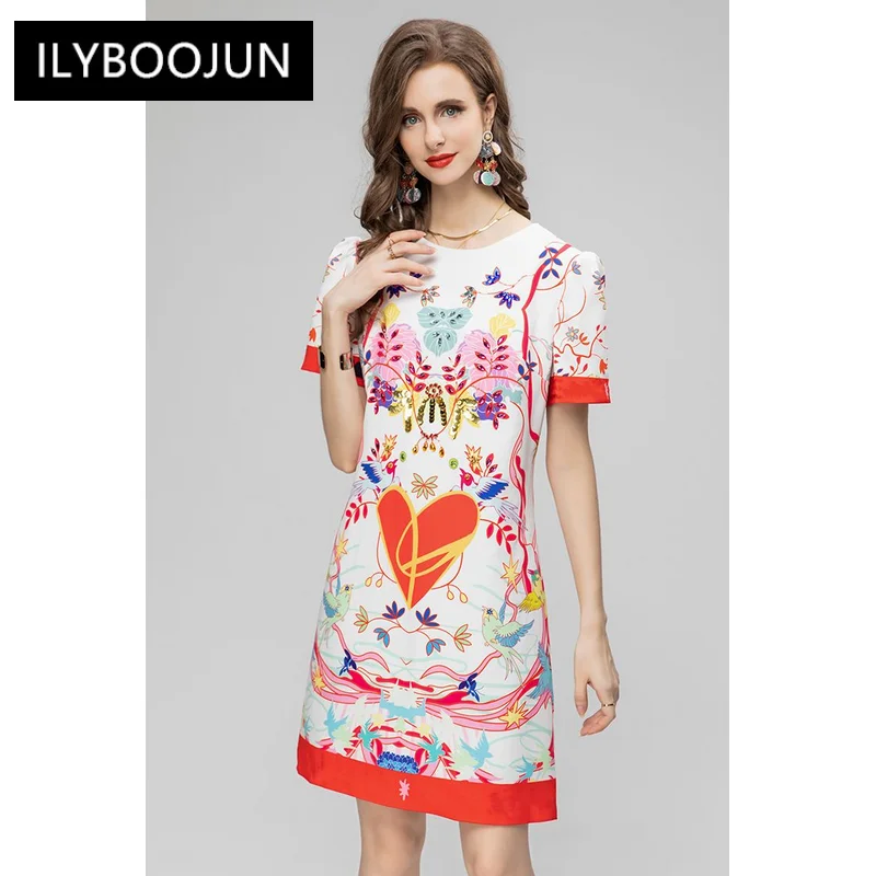 

Early Autumn Dress Women O-Neck Short Sleeve Crystal Diamonds Print A-Line Mini Dresses For Women 2023 Luxury High Quality