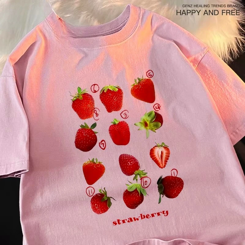 Strawberry Print Womens Summer T-Shirt - Harajuku Loose Fit Tee