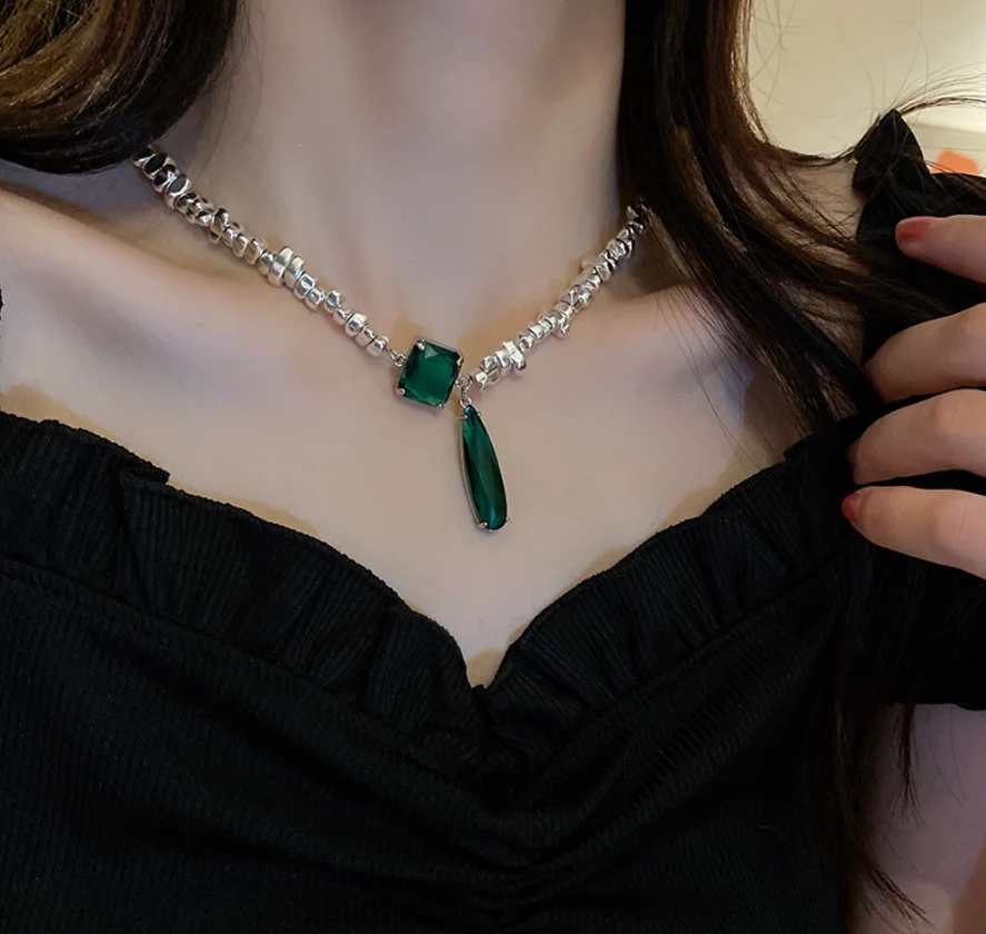 Simple and luxurious emerald crystal mosaic copper party bride Necklace for women Fashion Jewelry