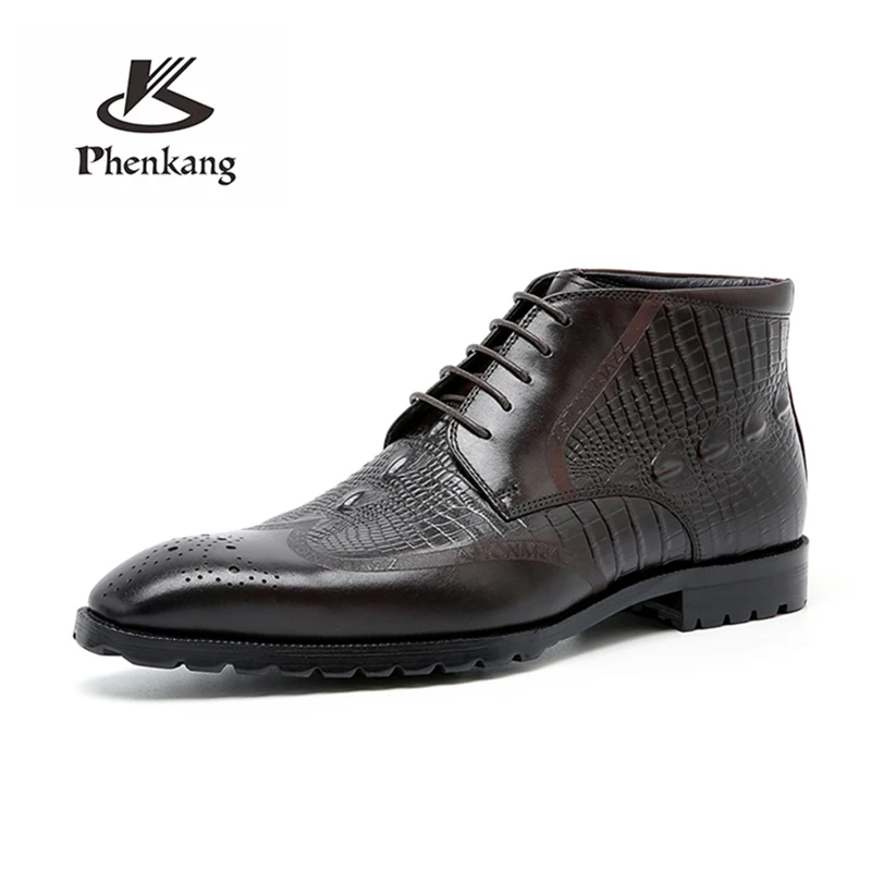 Phenkang Men's Genuine Leather Crocodile Pattern Winter Rubber Ankle Chelsea Boots Brogue Flat Safety Dress Shoes Handmade
