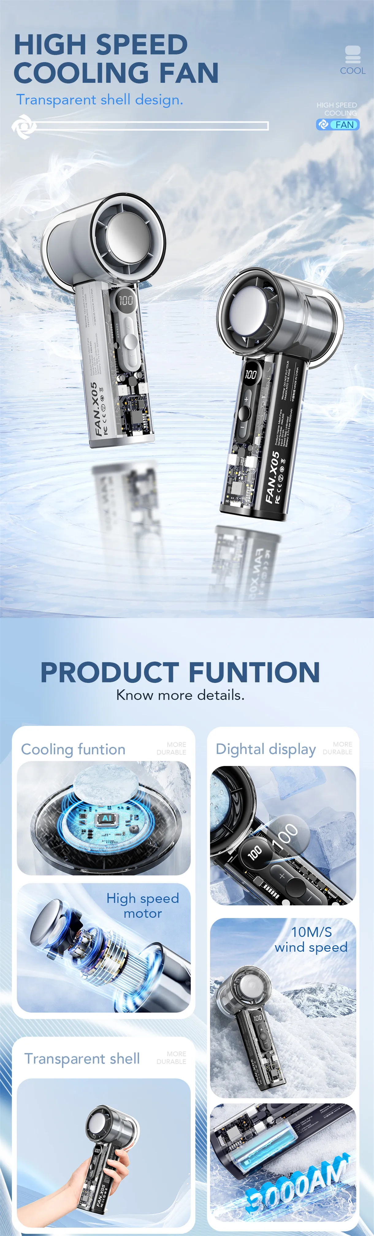 Description Picture 2 of itemIce Compress Portable Fan Semiconductor Refrigeration High-speed Fan USB Rechargeable Handheld Outdoor Turbo Fan Air Conditioner
