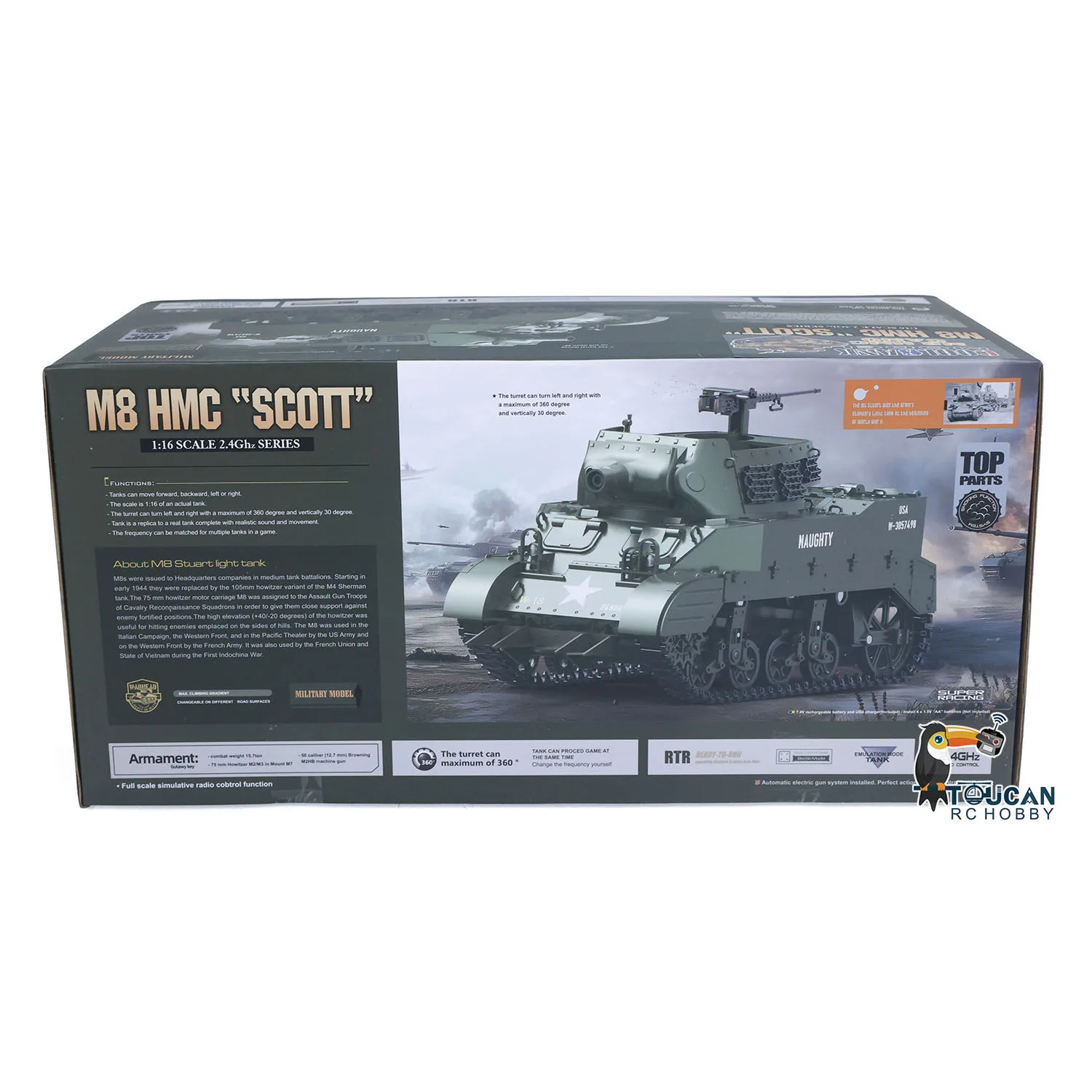 CoolBank 1/16 Char RC M8 HMC Scott Howitzer Tourelle 360° Fumée Sons RTR