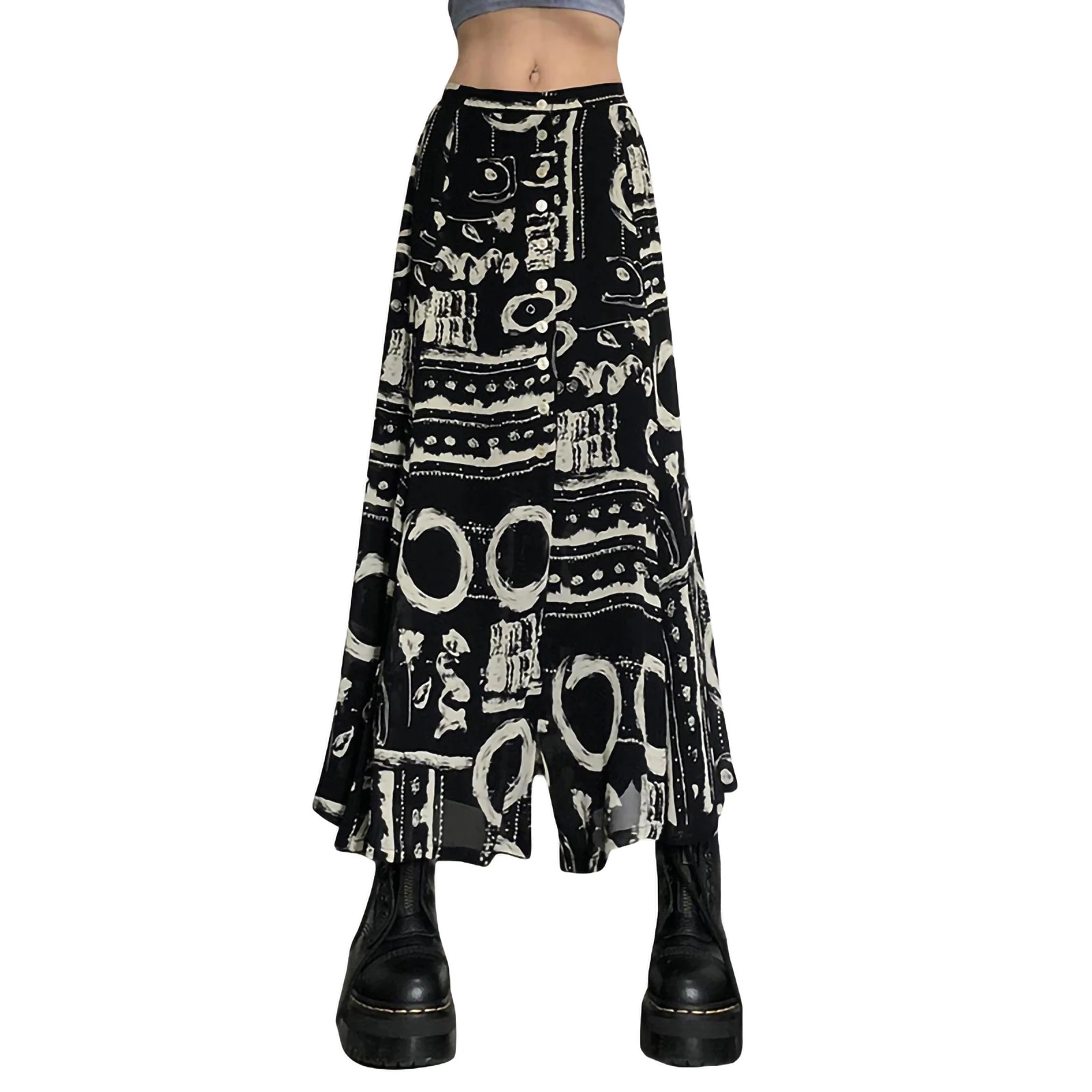 

Women Long Skirts Vintage Pattern Printed Low Waist Loose Fit Skirts Casual Simple Bottoms