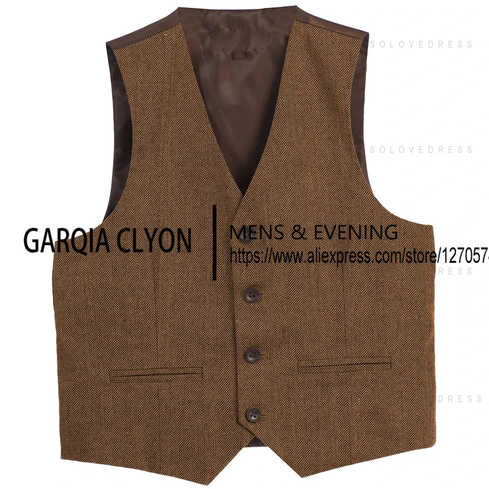Men's Suits Vests Deep V Neck Simple Herringbone Tweed Slim Fit Single Breasted Business Men's  Waistcoat  For Wedding 2