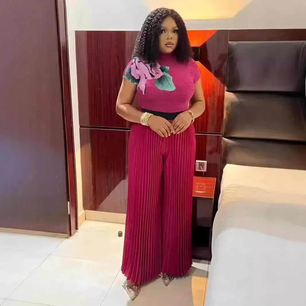 Miyake Pleated 2 Piece Sets Women Short Sleeve High-end Print