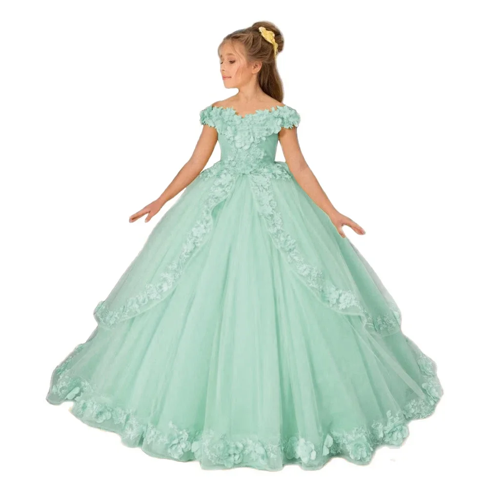 

Tulle Flower Girl Dresses For Wedding Off Shoulder Princess Pagenat Dress Long Kids 3D Applique First Holy Communion Party Gowns