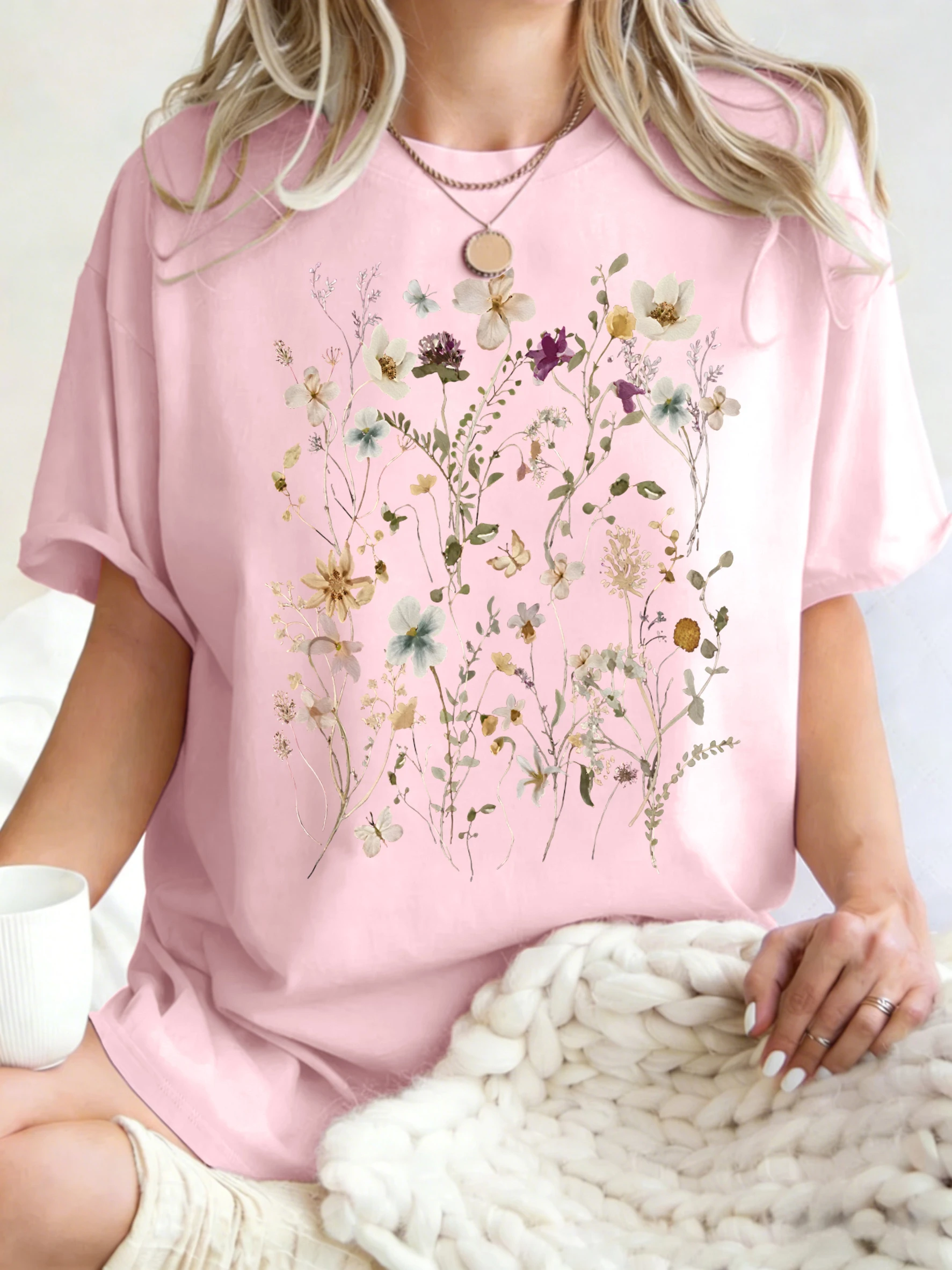 Beautiful Flower Clusters Printing Woman T-Shirt Summer Oversized Short Sleeve O-Neck Cotton T Shirts Y2K Women Sports Tops