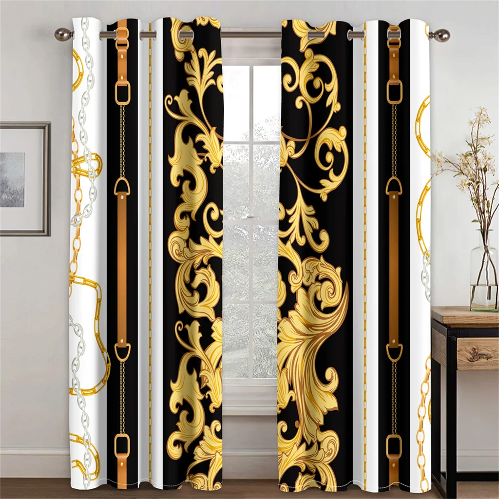 

3D Cheap Modern Luxury Black Gold Classic Brand LOGO Thin Shading 2 Panels WindowCurtain for Bedroom Living Room Home Hook Decor