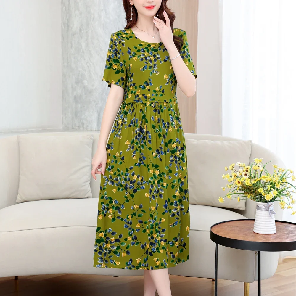 

New Casual Print Fowers Summer Dresses For Women Cotton Vintage Dress O-neck Vestidos Plus Size Short Sleeve Women Clothing B73