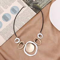 Amorcome Vinatge Geometric Hollow Circle Pendant Black Leather Necklace for Women Statement Short Necklace Femme Jewelry