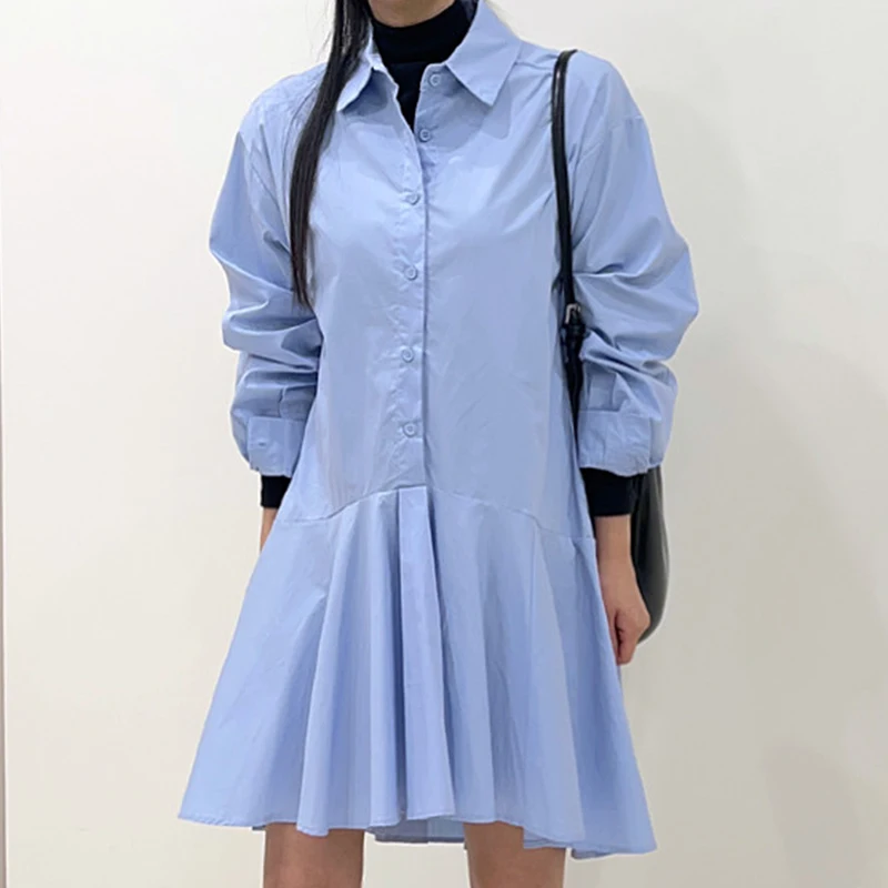 

SuperAen 2024 Korean Chic Spring Style Flip Collar Single Breasted Waist Panel Ruffle Edge Shirt Dress