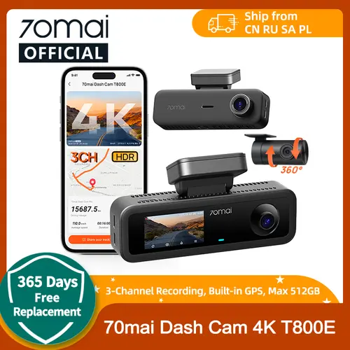 70mai 4K T800E 3-Channel Dash Cam Front Rear Interior 3-in-1 Voice Control 24H Parking Supercapacitor GPS 4K Car DVR 70mai T800E