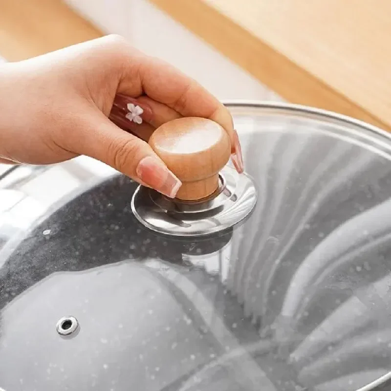 1PC Pot Lid Handle Solid Wood Stainless Steel Pot Twist Pot Cap Anti-scalding Round Kitchenware Cookware Accessories
