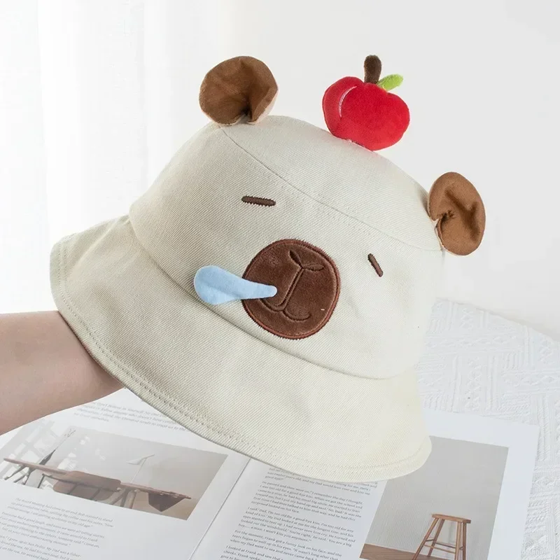 Niedlicher Capybara-Eimerhut, 1–4 Stück, für Damen, Cartoon-Design mit Apfel, Sonnenschutz, lässig, Sommer, Strand, Outdoor, Fischerhut – Detail 5