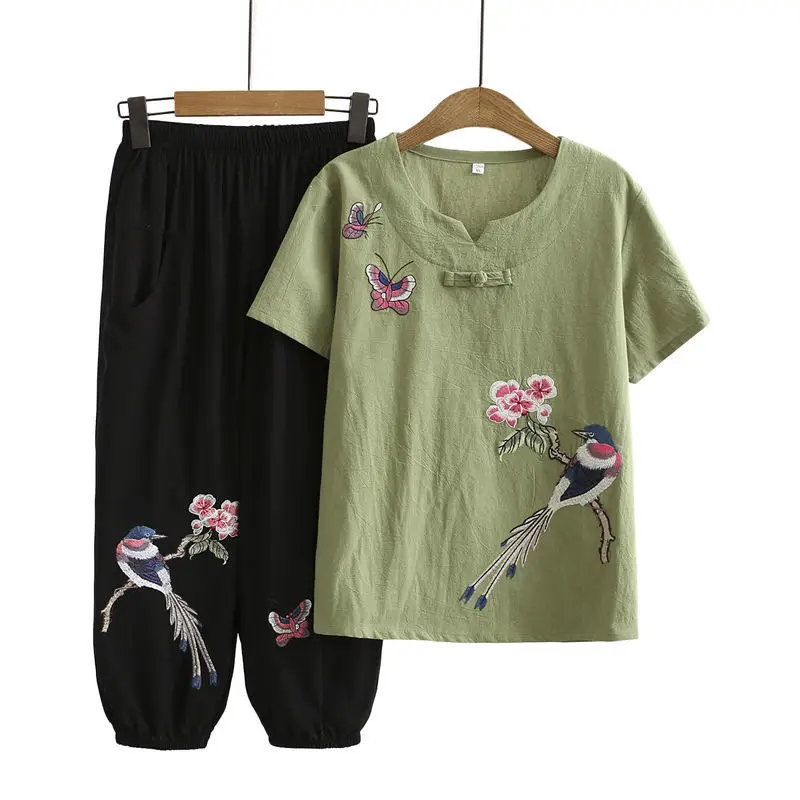 New Size Vintage Embroidery Cotton Linen T-shirt Women Summer O-Neck Loose Casual Chinese Style Buckle Top Female Tee Hanfu