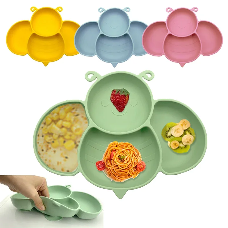 

Microwave & Dishwasher Safe Toddlers Self Feeding Dishes Bee Shaped Silicone Suction Plate for Babies Spoon Fork Divided Plate