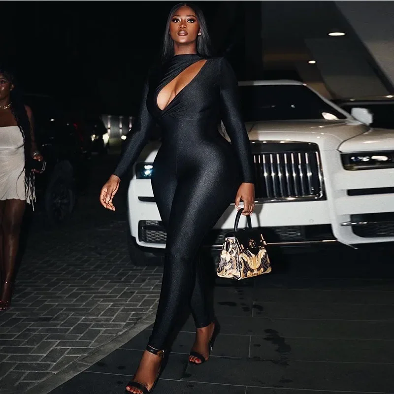 Autumn Black Skinny Cutout Bodycon Jumpsuit Women Elegant Long Sleeve O-neck Party Night Club One Pieces Rompers Overalls Female