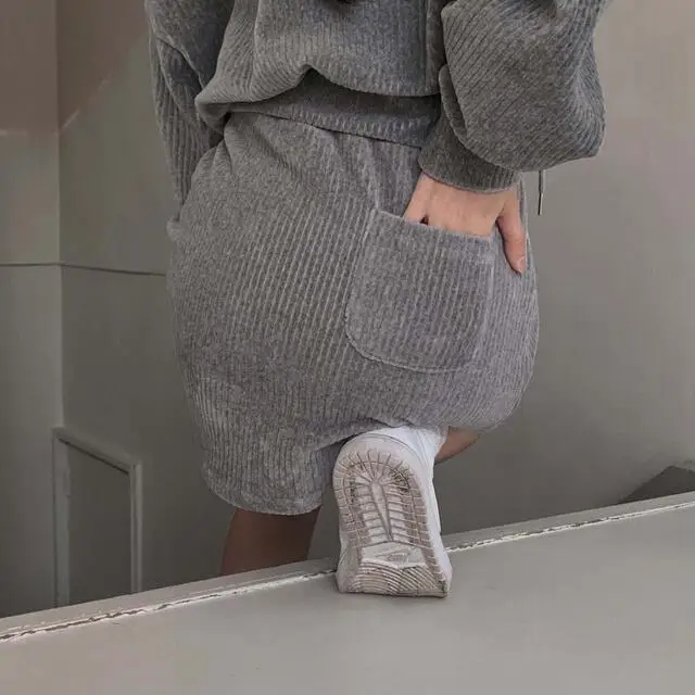 Korean CHic Corduroy Two-piece Skirt Sets Women Hoodie Crop Top Coats Bodycon Mini Skirt Autumn Winter New Outfits Casual Suit