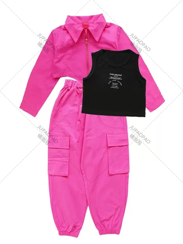 Pink Hip Hop Dance Clothes For Kids Kpop Costume Tooling Coat Cargo Pants Girls Concert Group Hiphop Performance Outfit JUPAOPAO girl dance costume children costumes