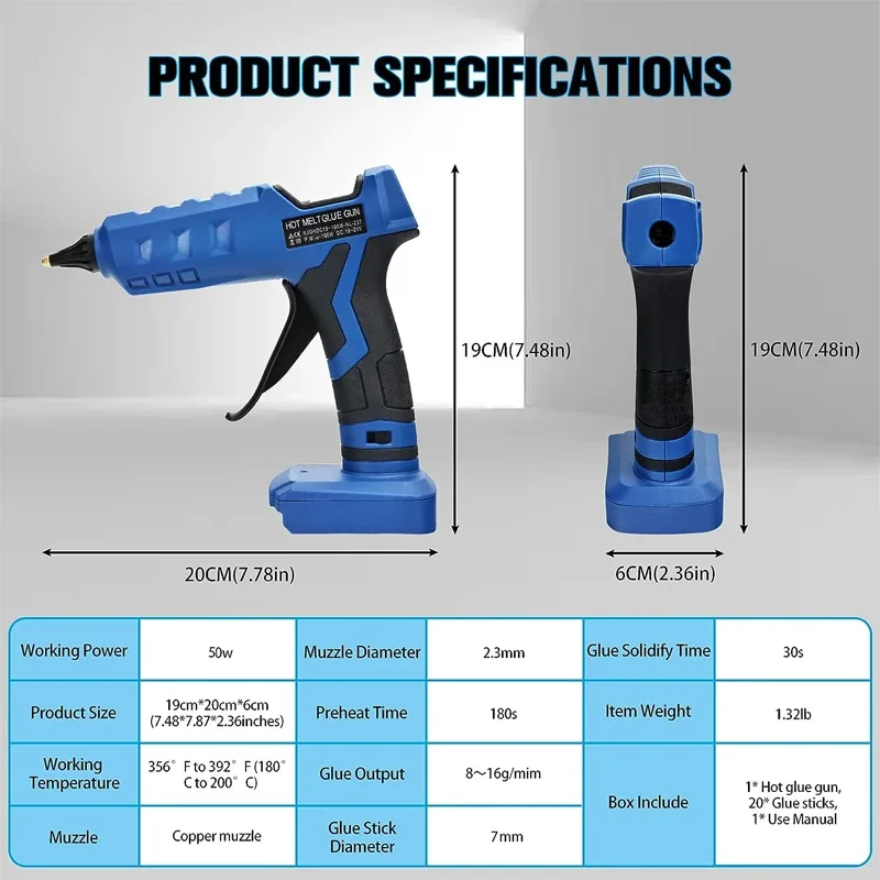 Hot Melt Glue Gun Hot Glue Gun Cordless For Bosch 18V/20V Li-ion Battery 20Pcs Sticks