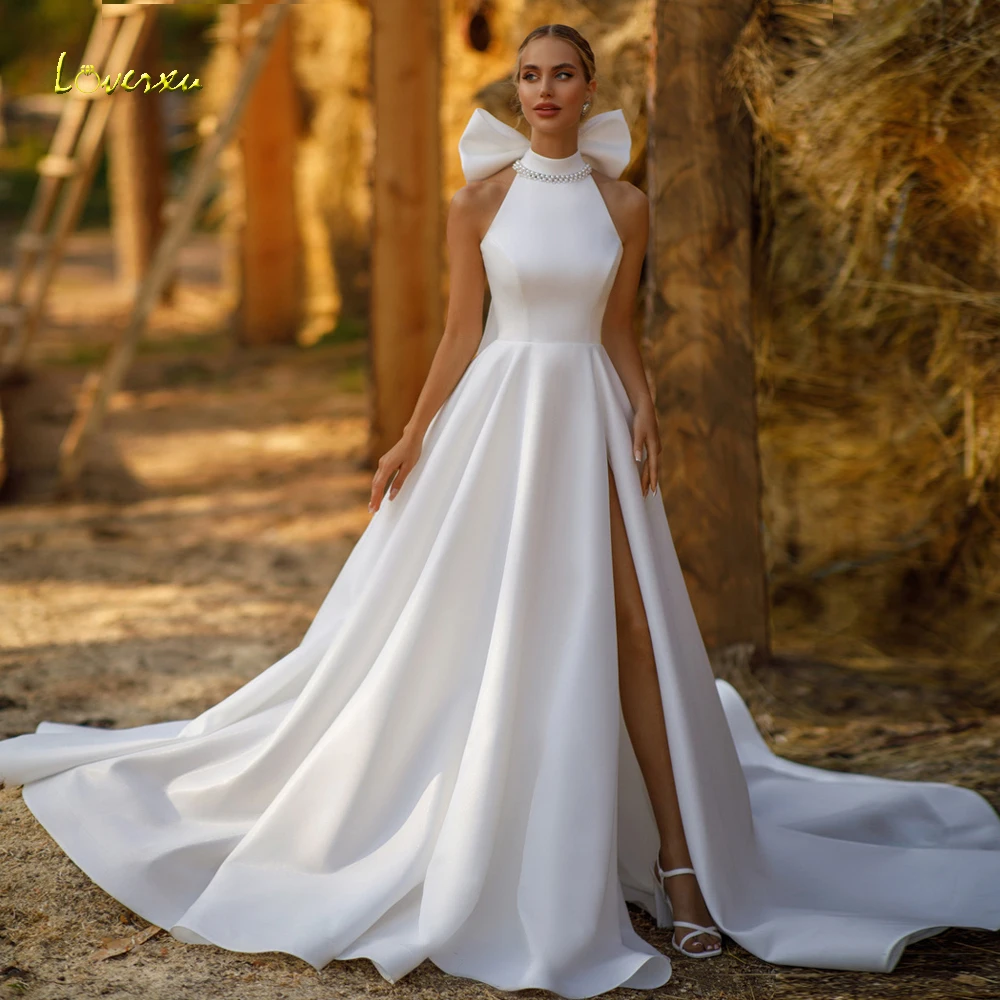 

Loverxu A-Line Vintage Wedding Dresses 2024 High Neck Sleeveless Vestido De Novia Pearls Bow Split Matte Satin Robe De Mariee