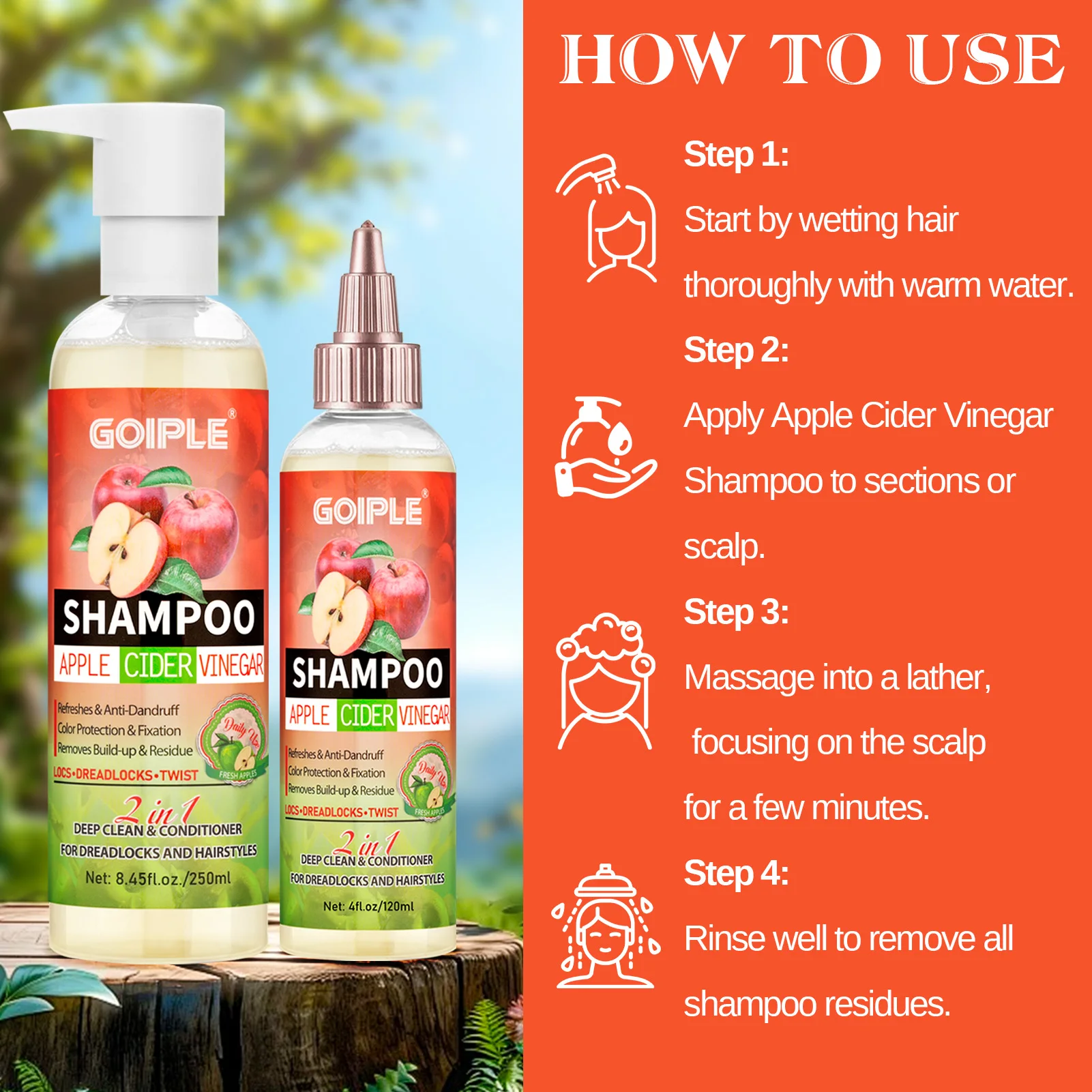 GOIPLE 2 in 1 Apple Cider Vinegar Shampoo Conditioner Refreshes Anti-Dandruff Hair Deep Clean Scalp for Locs Dreadlocks Twist